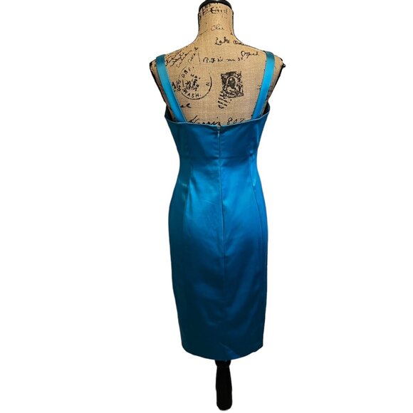 Calvin Klein Teal Satin Square Neck Midi Cocktail Chic Minimalist Party Dress 6 - Picture 4 of 10